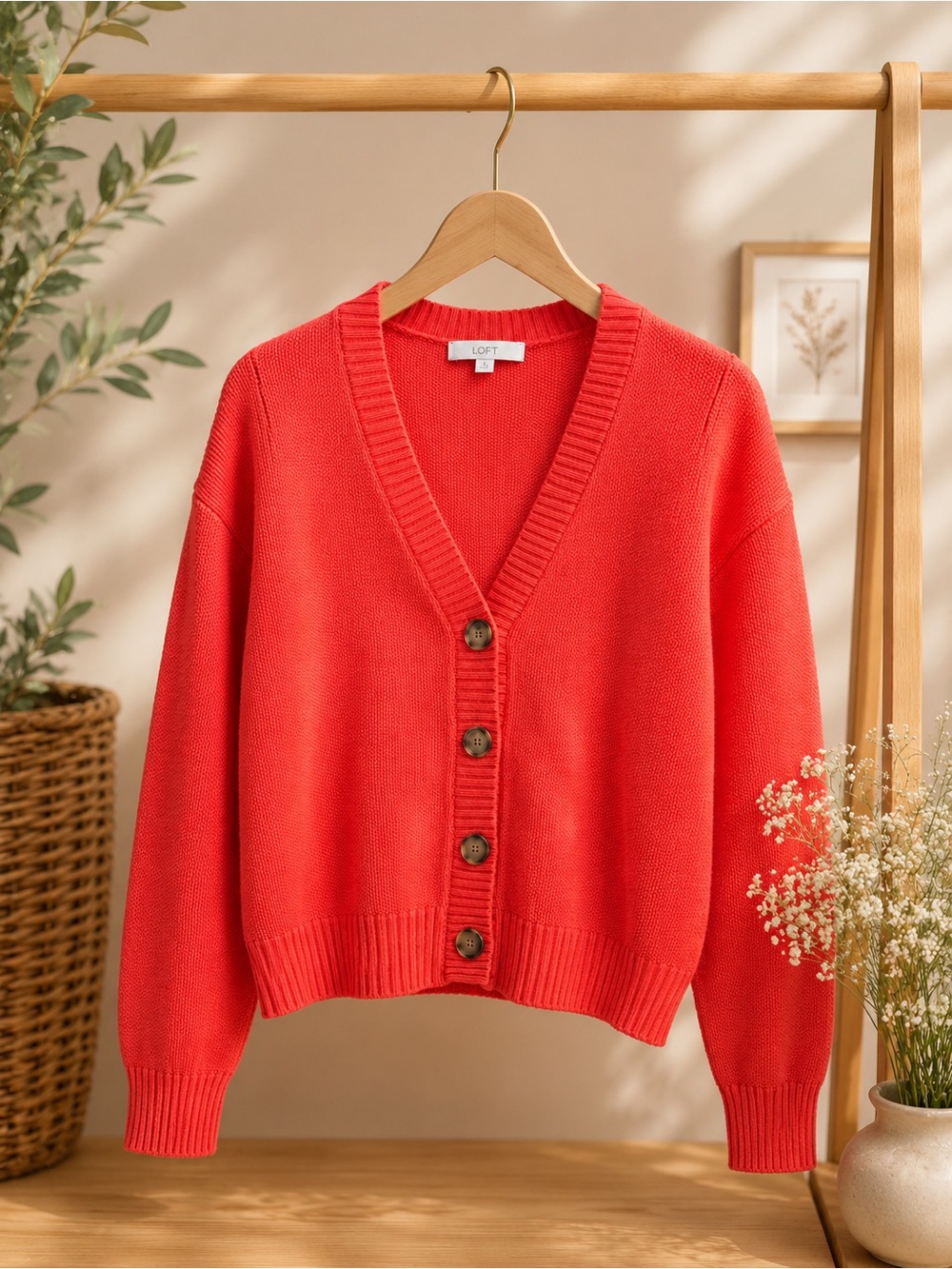 LOFT Bright Red V-Neck Button Cardigan - Picture 1 of 4
